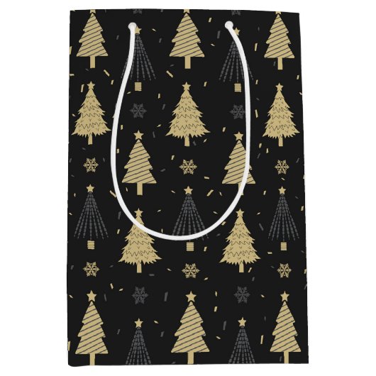 モダンブラック&金ゴールドエレガントクリスマスツリーパターン ミディアムペーパーバッグ (正面)
