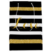 モダンブラック&金ゴールドグリッターストライプ ミディアムペーパーバッグ (正面)