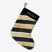 モダンブラック&金ゴールドスノーフレッストライプクパーソナライズされた スモールクリスマスストッキング (正面 (吊り時))