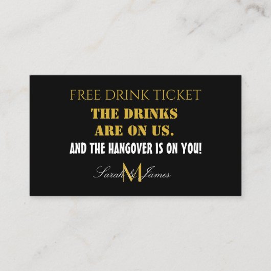 モダンブラック&金ゴールド結婚ドリンク券カード 名刺 (正面)