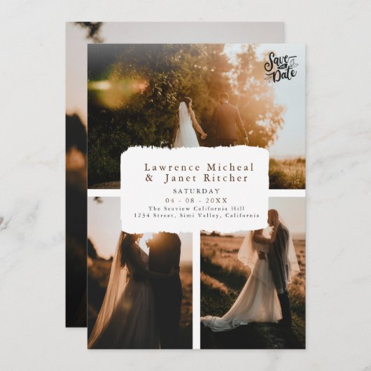 モダンブラック 3枚の写真で魅せる ミニマルな招待状 セーブザデート (正面/裏面)