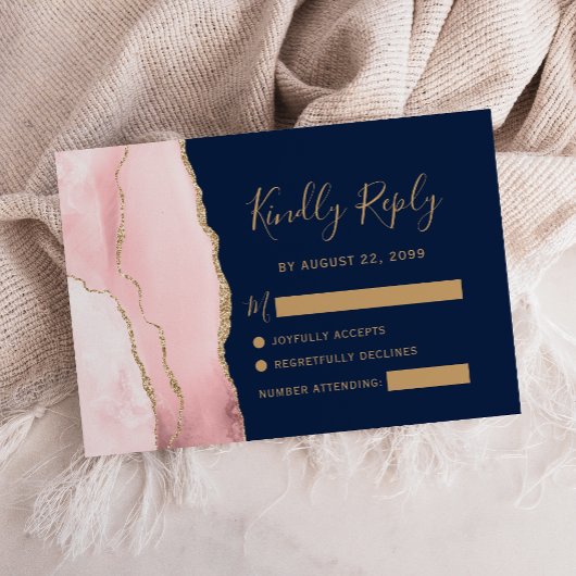 モダンブラッシュゴールド+アゲート+ネイビーブルーの結婚式 出欠カード