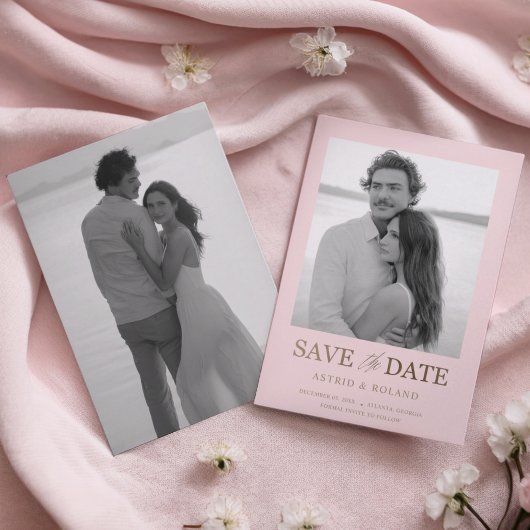 モダンブラッシュピンクとゴールドの写真を使った結婚式の延期案内状 セーブザデート