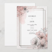 モダンブラッシュピンクのラインアートフラワーの結婚式 招待状 (正面/裏面)