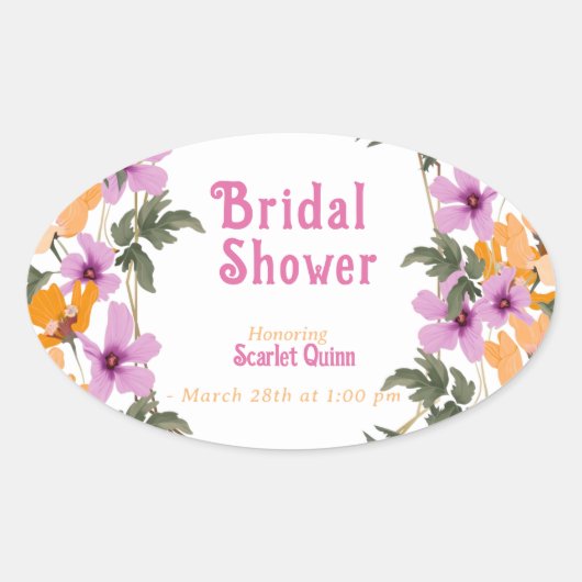 モダンブラッシュピンクのワイルドフラワー#2 ブライダルシャワー 楕円形シール (正面)