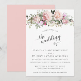 モダンブラッシュピンクスウィートハートローズブーケウェディング 招待状