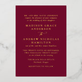 モダンブルゴーニュと金ゴールド書道結婚の 箔招待状 (正面)