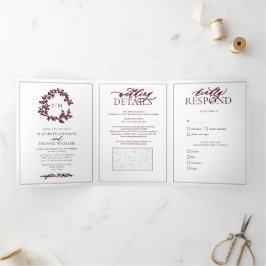 モダンブルゴーニュの葉冠モノグラム結婚の 三つ折り招待状