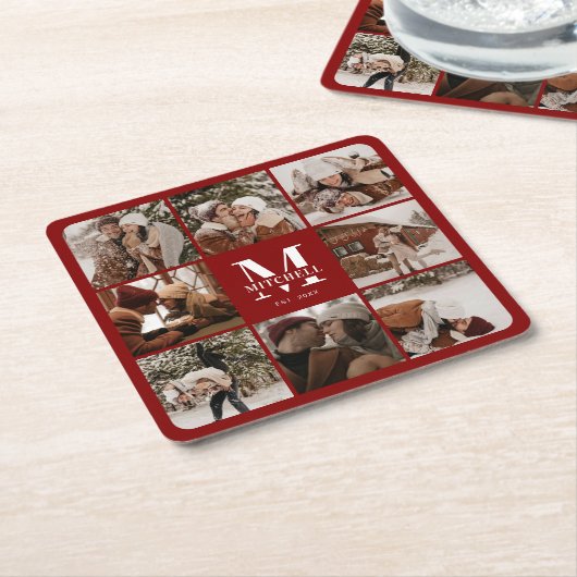 モダンブルゴーニュイニシャル名写真 スクエアペーパーコースター (アングル)