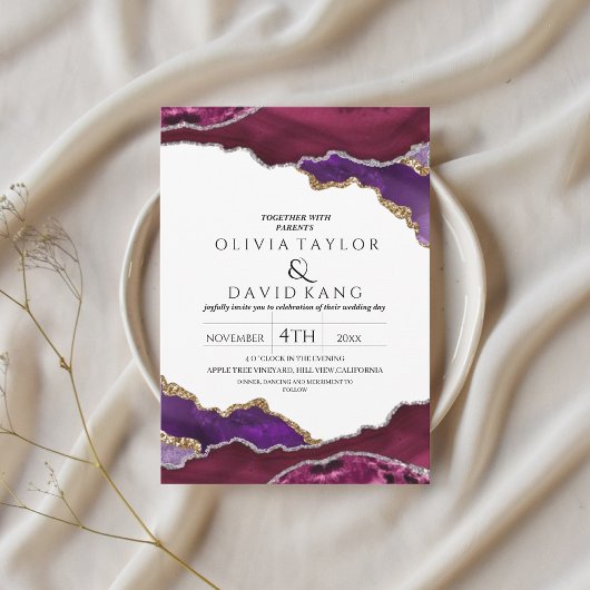 モダンブルゴーニュフェイク金ゴールドパープルミックスアゲ結婚ート 招待状