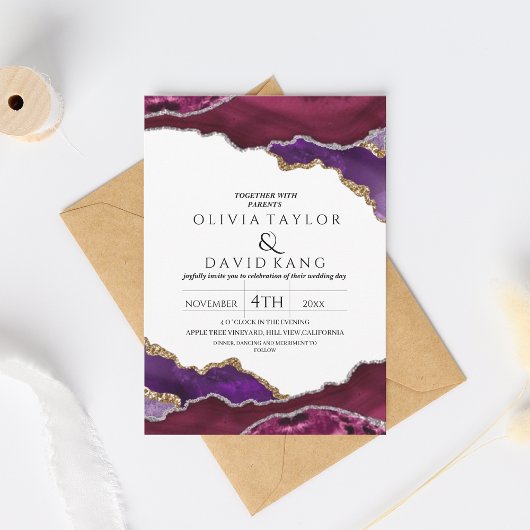 モダンブルゴーニュフェイク金ゴールドパープルミックスアゲ結婚ート 招待状