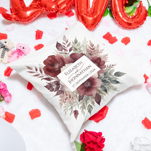 モダンブルゴーニュフローラ水彩結婚式の名前 クッション