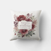 モダンブルゴーニュフローラ水彩結婚式の名前 クッション (裏面)