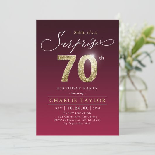 モダンブルゴーニュ金ゴールド大人驚き70歳の誕生日 招待状 (スタンド正面)