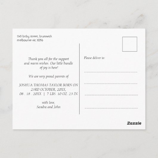 モダンブルーのバンティングフラッグ ハロー 誕生お知らせ ポストカード (裏面)