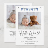 モダンブルーのバンティングフラッグ ハロー 誕生発表 招待状 (正面/裏面)