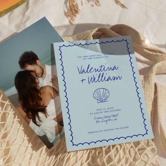 モダンブルーのメディテラニアン シェル ウェディング 招待状
