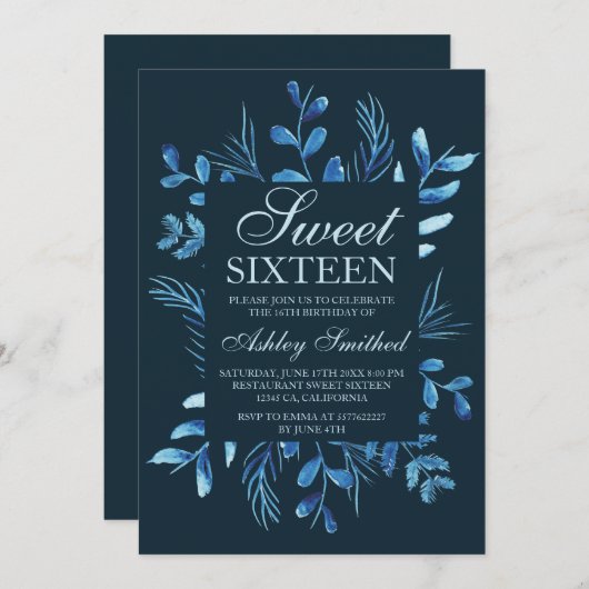 モダンブルーの植物の葉の水彩画 Sweet 16 招待状 (正面/裏面)