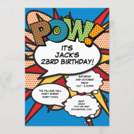 モダンブルーの楽しい誕生日パーティー コミック風デザイン 誕生日プレゼント 誰でもお使いいただけます 招待状