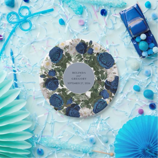 モダンブルーの花の水彩エレガントウェディング ペーパープレート (パーティー)