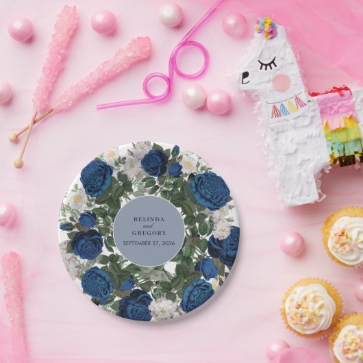 モダンブルーの花の水彩エレガントウェディング ペーパープレート (パーティー)