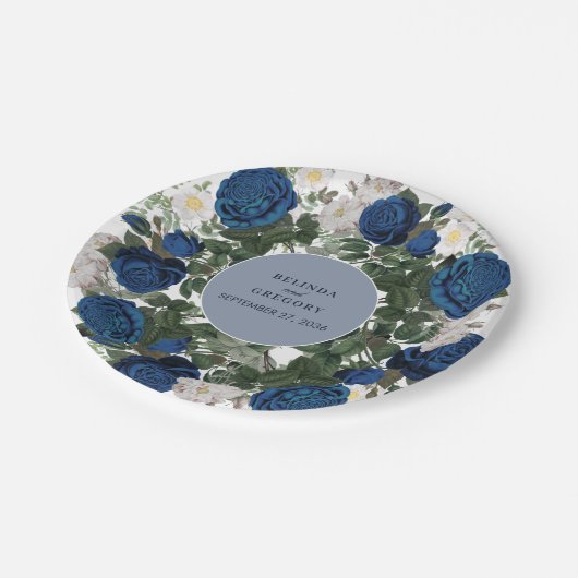 モダンブルーの花の水彩エレガントウェディング ペーパープレート (アングル)