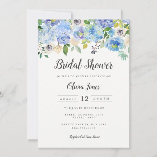 モダンブルーの花柄の結婚式前ウェディングシャワーカード 招待状 (正面)