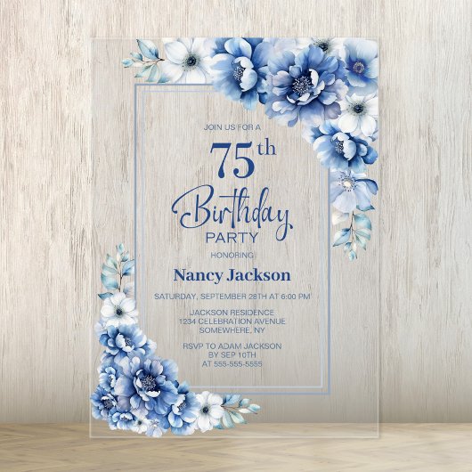 モダンブルーの花柄の75歳の誕生日パーティー アクリル招待状