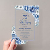 モダンブルーの花柄の75歳の誕生日パーティー アクリル招待状 (インサイチュ (ポータブル))