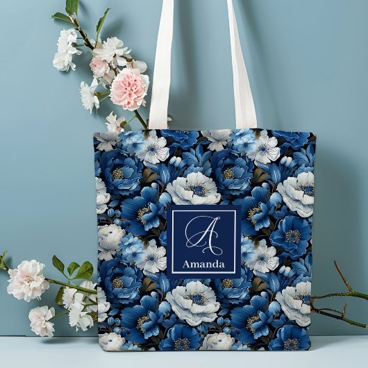 モダンブルーの花 個性的なフラワートートバッグ トートバッグ