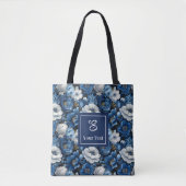モダンブルーの花 個性的なフラワートートバッグ トートバッグ (正面)
