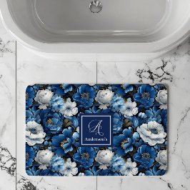 モダンブルーの花 個性的なフローラルバスマット バスマット