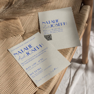 モダンブルーの遊び心あるフランス風レトロQRコードウェディング 招待状