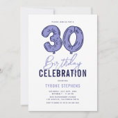 モダンブルーの30歳の誕生日パーティー 招待状 (正面)