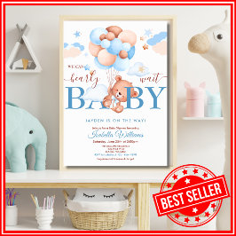 モダンブルーの「We Can Bearly Wait」男の子ベビーシャワー 招待状