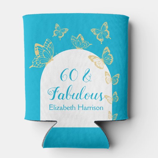 モダンブルーゴールドの美しい蝶の誕生日 缶クーラー (裏面)