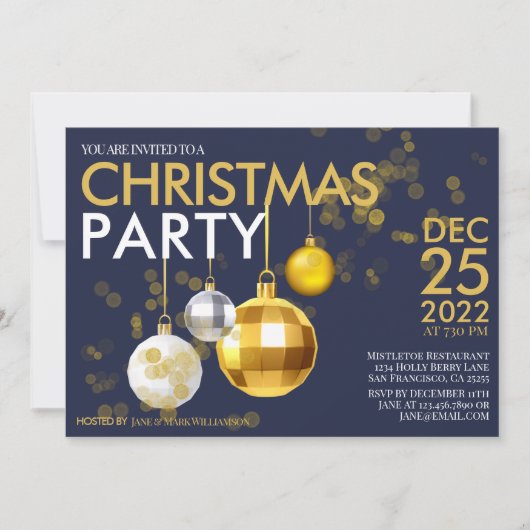 モダンブルーゴールドグリッターオーナメント クリスマスパーティー 招待状 (正面)