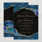 モダンブルーゴールドフォイルアゲート水彩結婚式 招待状 (正面/裏面)