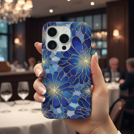 モダンブルーゴールドフラワーパターン iPhone 15 PROケース