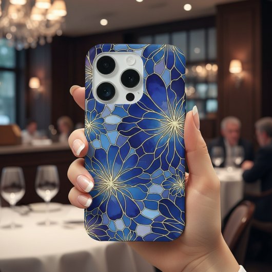 モダンブルーゴールドフラワーパターン iPhoneケース