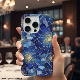 モダンブルーゴールドフラワーパターン iPhone 15 PROケース