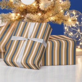 モダンブルーゴールドホワイトストライプクリスマス ラッピングペーパー
