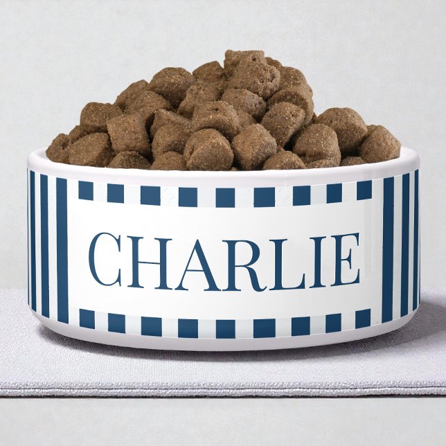 モダンブルーストライプ柄 ミニマル 犬名前 ペット ボウル (Modern Blue Stripes Pattern Minimal Dog Name Pet Bowl)