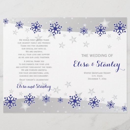 モダンブルースノーフレーク折り畳みウェディングプログラム (正面)