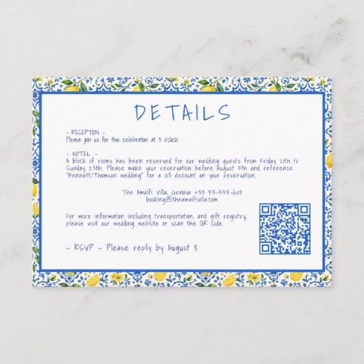 モダンブルータイルレモンの結婚式詳細QRコード エンクロージャーカード (正面)
