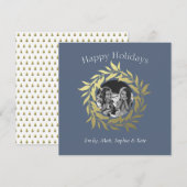モダンブルーハッピーホリデーズゴールドフォイルリース写真 シーズンカード (正面/裏面)