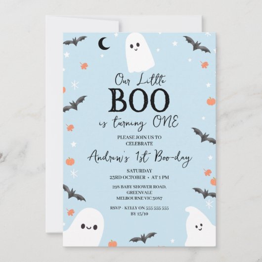 モダンブルーハロウィンリトルブー1歳の誕生日 招待状 (正面)