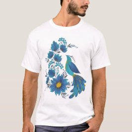 モダンブルーフォークアートの花と鳥グラフィックTシャツ Tシャツ