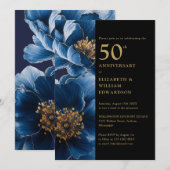 モダンブルーフラワー ブラック&ゴールド 50周年記念 招待状 (正面/裏面)
