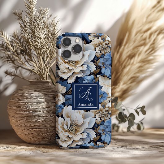 モダンブルーフラワー iPhoneケース 高級感のある花柄  Case-Mate iPhoneケース